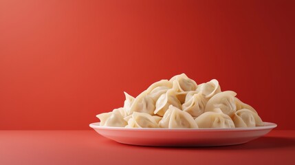 3d rendering, a plate of dumplings close-up, red background, large area of white space, fresh and clean picture, 