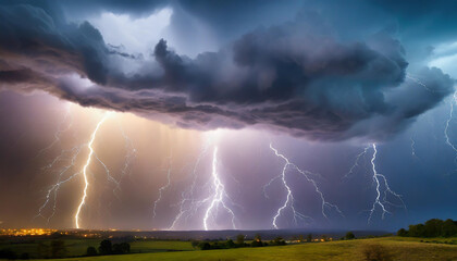 Dramatic thunderstorm unleashing lightning strikes over a rural landscape during twilight hours