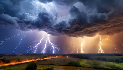 Dramatic thunderstorms illuminate the night sky with lightning over a rural landscape during summer