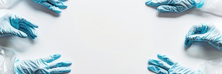 Poster - Several pairs of sterile medical gloves are placed around a clean white surface, highlighting the importance of hygiene in healthcare. Generative AI