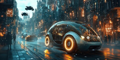  tiny, bubble-shaped car with round windows and a glossy, metallic finish gliding effortlessly through a magical city, blending futuristic design with whimsy.