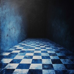 Canvas Print - A captivating abstract hallway with a checkered floor. Deep blues contrast with dark shadows. This art piece creates a sense of mystery and depth. Perfect for modern decor or creative projects. AI