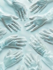 Poster - Sterile medical gloves are positioned in a circular pattern around a central point against a white background, emphasizing cleanliness. Generative AI
