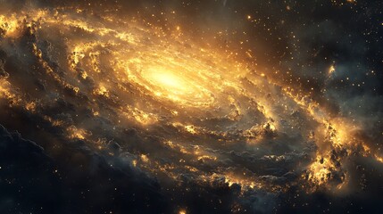 Wall Mural - abstract golden galaxy swirling with fire in outer space, digital art, cosmic background