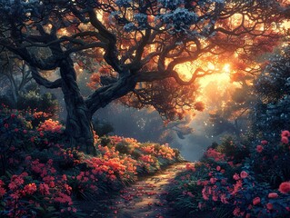 Canvas Print - Enchanted Forest Path with Blooming Flowers and Sunlight