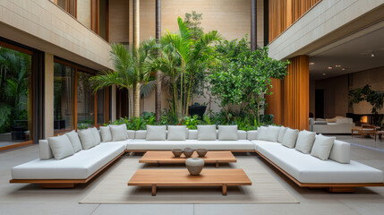 Wall Mural - A serene lounge area adorned with oriental plants and comfortable seating in a contemporary indoor space