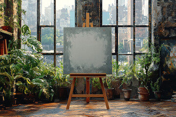 Wall Mural - A blank canvas propped up on an easel, inviting creativity for a painting mockup.