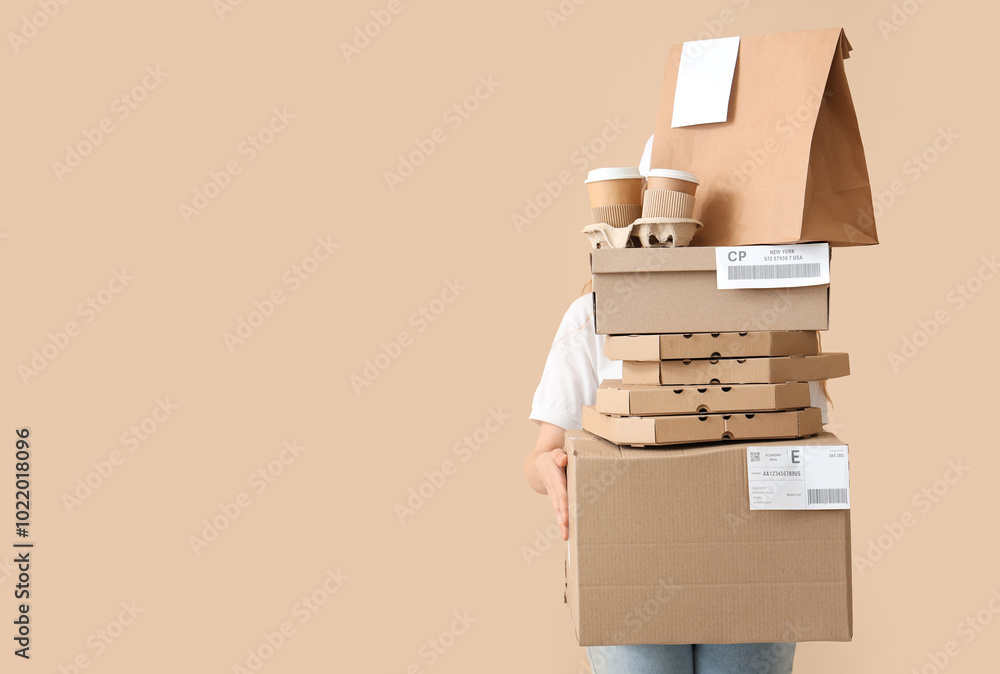 Female courier with parcels and food on beige background