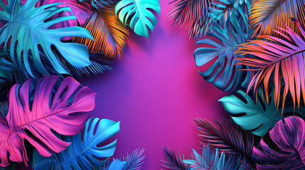 vibrant tropical leaves in vivid hues of blue, green, and pink framed against a soft purple backgrou