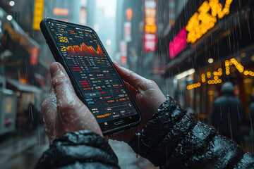 Wall Mural - An investor checking stock prices on their smartphone, keeping up with the ever-changing market trends. Concept of investment.