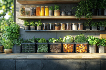 A zero-waste kitchen with composting bins, reusable containers, and no plastic packaging, focusing on reducing waste. Concept of sustainability.