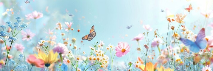 Leinwandbilder - A vibrant meadow is alive with a variety of flowers and butterflies gracefully dancing in the warm spring air, creating a picturesque view. Generative AI