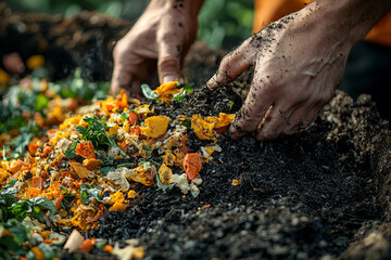 A person composting food scraps at home, turning waste into nutrient-rich soil for gardening. Concept of waste management.