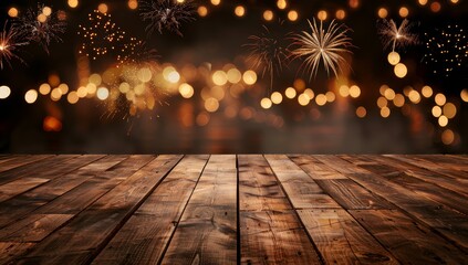 Wall Mural - immerse yourself in the festive ambiance of a wooden floor adorned with fireworks and bokeh lights, 
