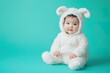 © Маргарита Вайс - adorable little baby in white fuzzy sheep pajamas sitting on blue background