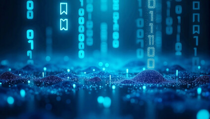 Binary code matrix background, perspective view with depth of field, technology futuristic blue backgrounds