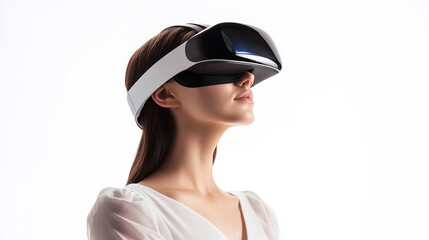 A beautiful woman wearing a VR headset is isolated on a white background. Women Engaged in Virtual Reality Experience