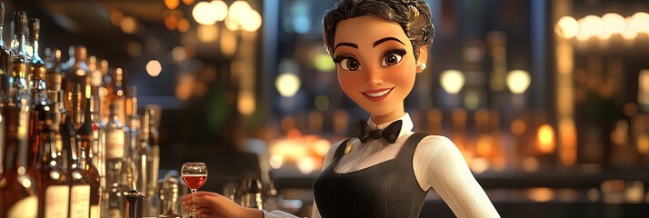 3d animated cartoon of female bartender