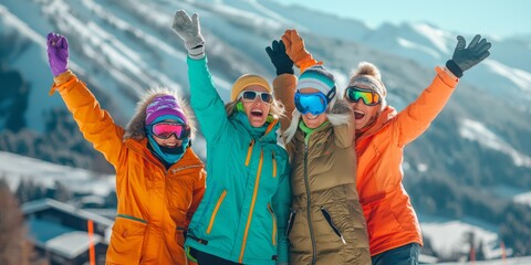 Winter vacation is a time of fun and adventure. Skiing with friends on snowy mountains brings joy and excitement. Enjoy leisure and outdoor activities in the alps for cheer and happiness