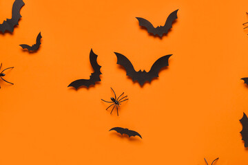 Sticker - Paper bats and spider for Halloween party on orange background