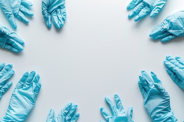 Poster - A collection of sterile medical gloves is displayed symmetrically on a clean white background, highlighting their essential role in safety. Generative AI