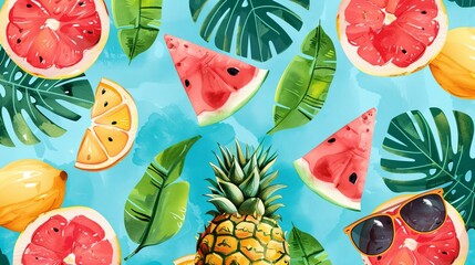 a pineapple, watermelon, and banana are on a blue background with tropical leaves