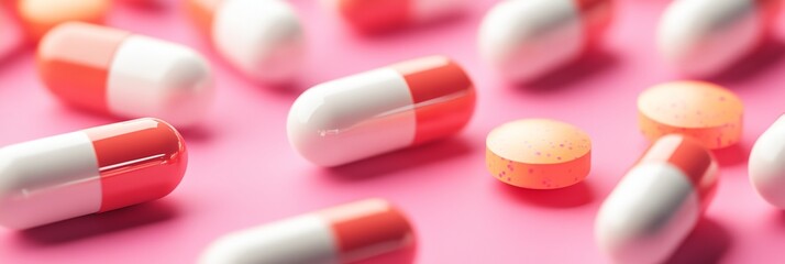 a row of pills are lined up on a pink background