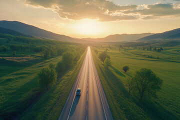 Aerial view of highway road cars driving mountains at sunset