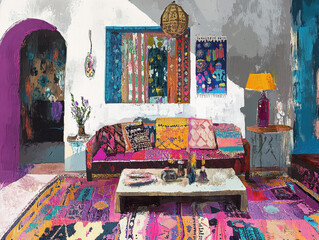 A mixed-media depiction of a bohemian living room, with textiles, rugs, and eclectic furnishings layered together --ar 4:3 --style raw --v 6.1 Job ID: 984e71d7-3e51-4311-bf6c-0a98c4dbae6a