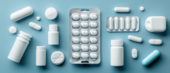 Various white pharmaceutical products arranged on a blue background.