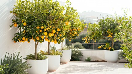 Two Potted Orange Trees with Ripe Fruit on a Patio