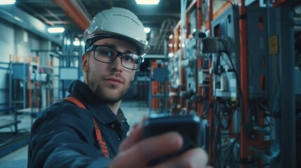 Industrial engineer taking a photo with a smartphone during an inspection in a modern manufacturing facility. AI-generated