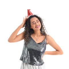 Sticker - Beautiful African-American woman in Santa hat on white background. New Year celebration