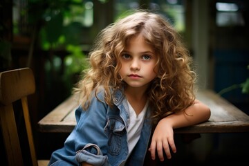 Portrait of a cute little girl with curly hair sitting in a cafe