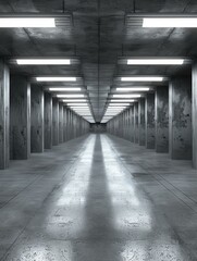 Sticker - A long, empty corridor with rows of pillars and overhead lights. AI.