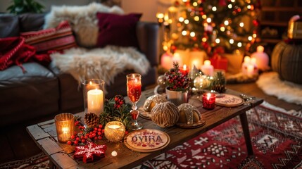 Sticker - Cozy Christmas Living Room Decor with Candles and Gifts