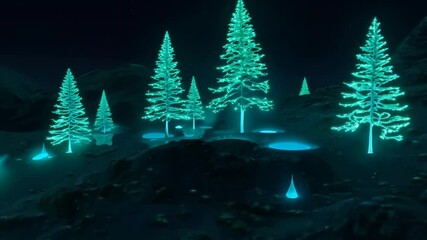 Wall Mural - Glowing trees in a night forest with dark rocky ground and a starry sky.