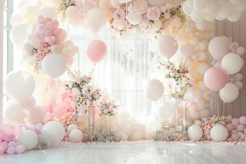 Canvas Print - White and pastel balloons elegantly decorate a wedding ceremony, enhancing the romantic atmosphere with floral accents and soft lighting. Generative AI