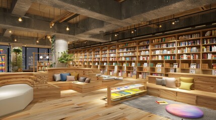 Wall Mural - Modern Library Interior with Cozy Reading Spaces