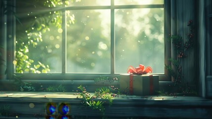 Wall Mural - Cozy Window with Gift and Sunlight Reflection