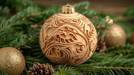 Poster - Wooden Ornament on Evergreen Branches