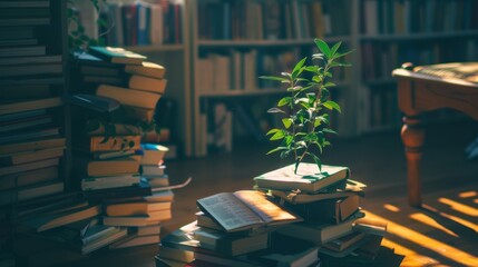 Wall Mural - Green Plant Growing on Stack of Books in Cozy Library