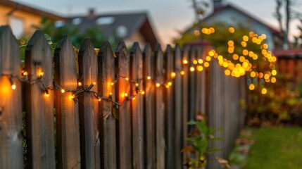 Wall Mural - Cozy Outdoor String Lights on a Wooden Fence