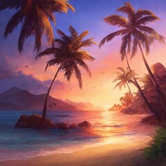 Sunset on the beach, palm trees, AI generated