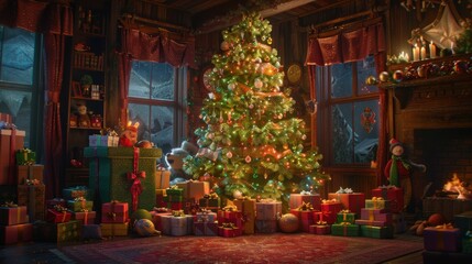 Sticker - Festive Christmas Tree with Gifts and Cozy Atmosphere