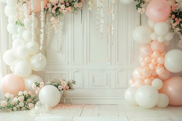 Canvas Print - White and pastel balloons gracefully adorn a wedding ceremony space filled with floral arrangements, creating a dreamy atmosphere. Generative AI