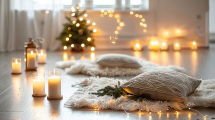 Canvas Print - Cozy Holiday Setting with Soft Pillows and Warm Lights