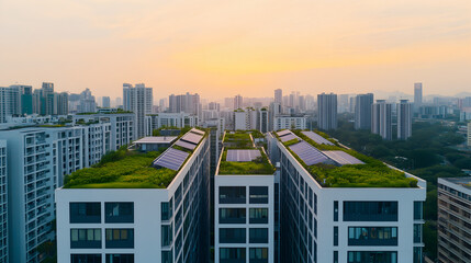 Cityscape green roofs and solar panels, eco-solutions, soft dawn light, wide angle, architectural harmony modern luxury feature smart technology elements, innovative design construction digital art