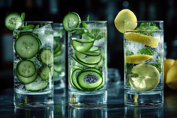 Three glasses with cucumber and lemon slices on a wooden table, surrounded by green foliage, under soft natural light.