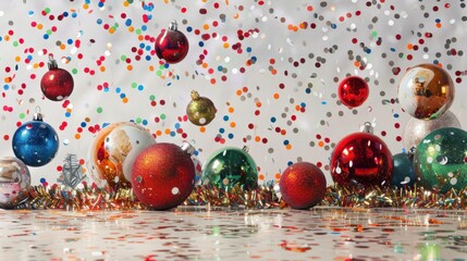 Wall Mural - Colorful Holiday Ornaments with Shiny Confetti Background